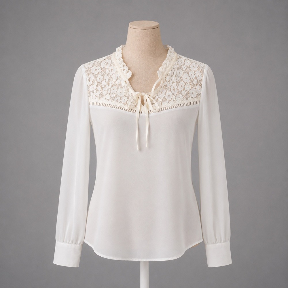Lace Yoke Ruffle Chiffon Long Sleeve Top Sz S Petite Baby Blue Regency Romantic